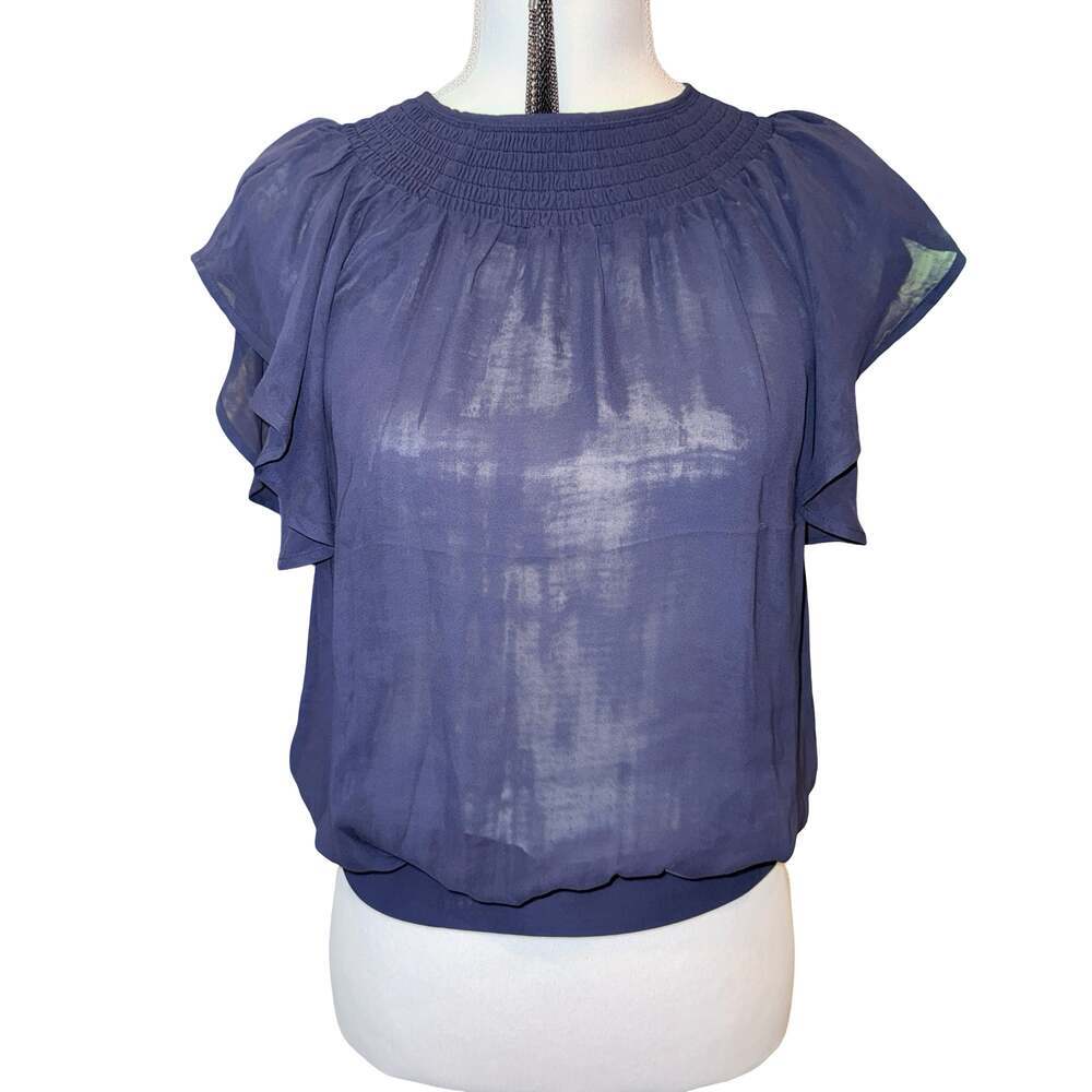 Express Navy Blue Smocked Neck Flutter Sleeve Blouse Size XS